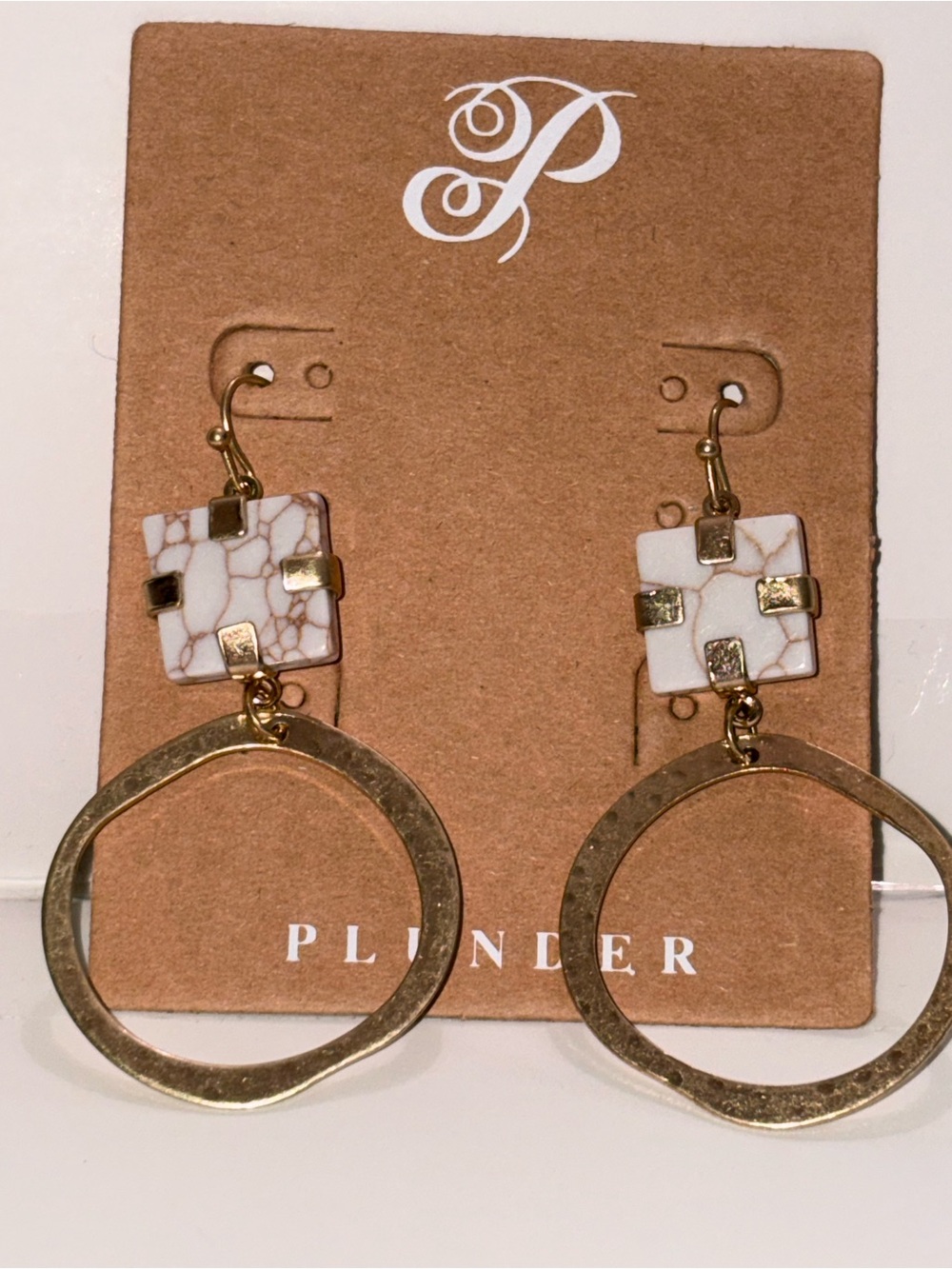 Plunder Gold Hoop Earrings with White Marble Squares